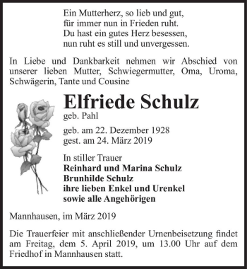 Traueranzeige von Elfriede Schulz (geb. Pahl)  von Magdeburger Volksstimme