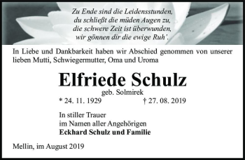 Traueranzeige von Elfriede Schulz (geb. Solmirek)  von Magdeburger Volksstimme