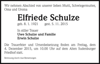 Traueranzeige von Elfriede Schulze  von Magdeburger Volksstimme