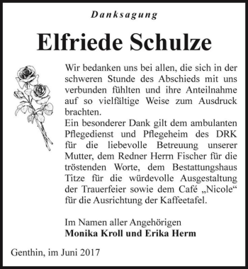 Traueranzeige von Elfriede Schulze  von Magdeburger Volksstimme