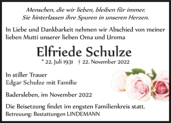 Traueranzeige von Elfriede Schulze  von Magdeburger Volksstimme
