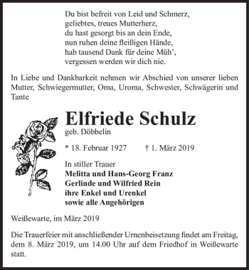 Traueranzeige von Elfriede Schulze (geb. Döbbelin)  von Magdeburger Volksstimme