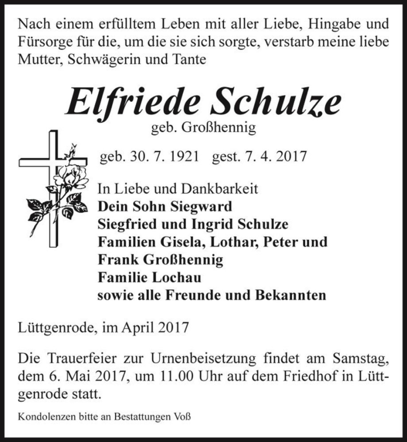  Traueranzeige für Elfriede Schulze (geb. Großhennig)  vom 29.04.2017 aus Magdeburger Volksstimme
