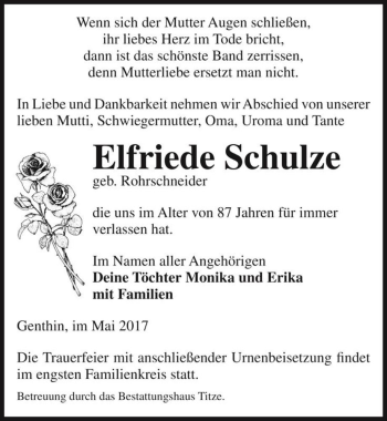 Traueranzeige von Elfriede Schulze (geb. Rohrschneider)  von Magdeburger Volksstimme