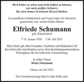 Traueranzeige von Elfriede Schumann (geb. Klausenitzer)  von Magdeburger Volksstimme