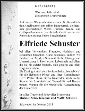 Traueranzeige von Elfriede Schuster  von Magdeburger Volksstimme
