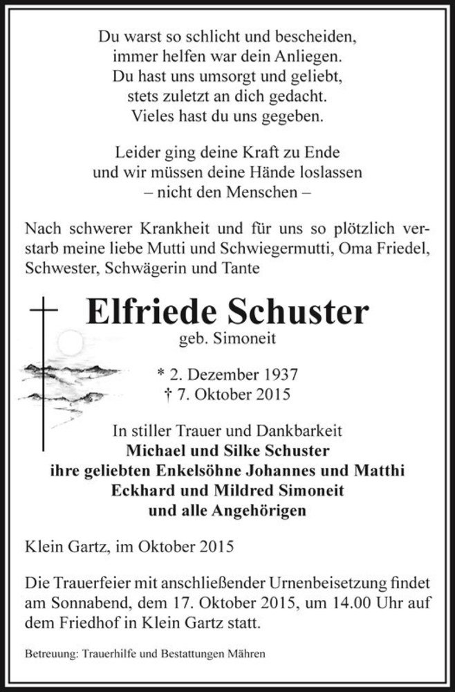  Traueranzeige für Elfriede Schuster (geb. Simoneit)  vom 10.10.2015 aus Magdeburger Volksstimme
