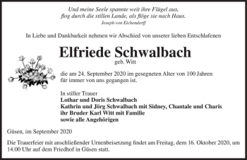 Traueranzeige von Elfriede Schwalbach (geb. Witt)  von Magdeburger Volksstimme