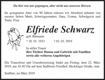 Traueranzeige von Elfriede Schwarz (geb. Bärmann)  von Magdeburger Volksstimme