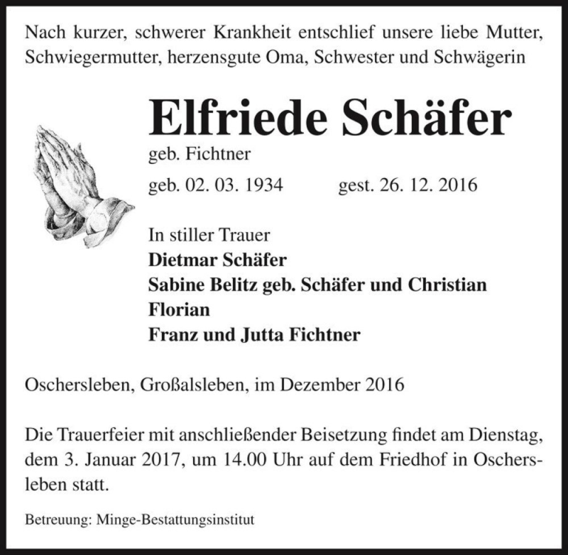  Traueranzeige für Elfriede Schäfer (geb. Fichtner)  vom 30.12.2016 aus Magdeburger Volksstimme