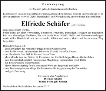 Traueranzeige von Elfriede Schäfer (geb. Fichtner)  von Magdeburger Volksstimme
