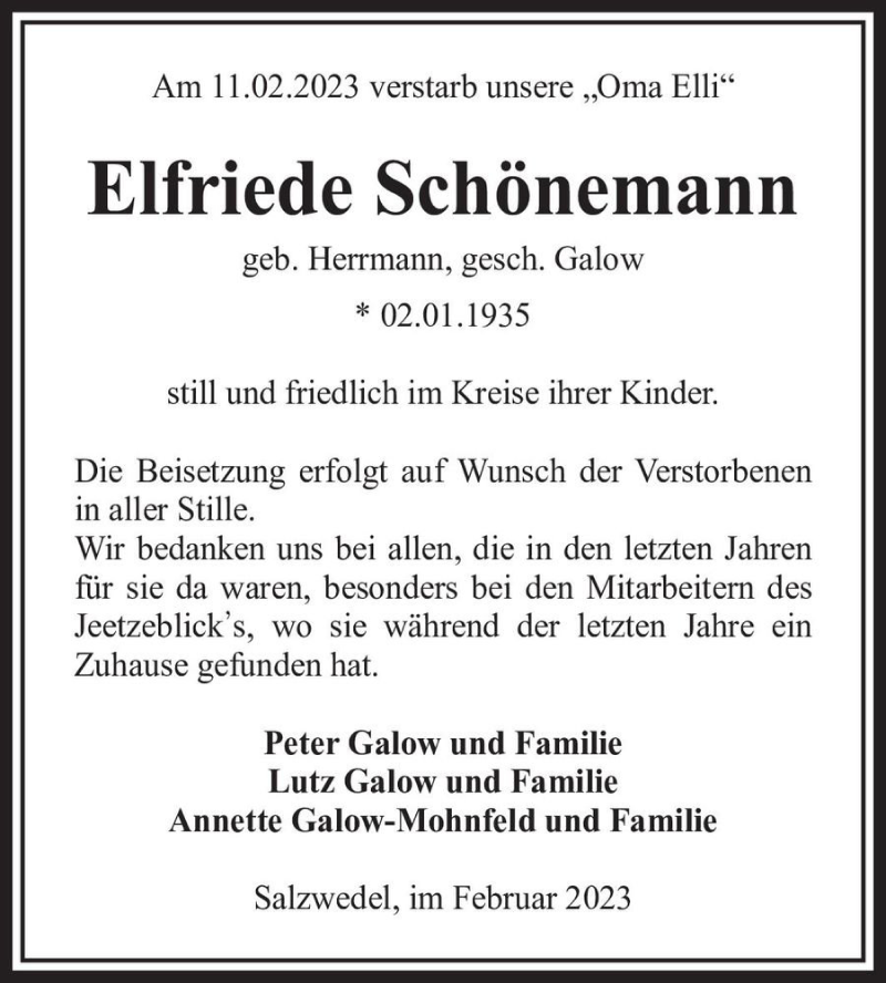  Traueranzeige für Elfriede Schönemann (geb. Herrmann, gesch. Galow)  vom 18.02.2023 aus Magdeburger Volksstimme