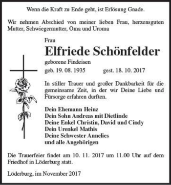 Traueranzeige von Elfriede Schönfelder (geb. Findeisen)  von Magdeburger Volksstimme