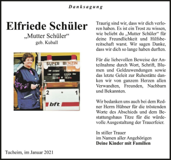 Traueranzeige von Elfriede Schüler ,,Mutter Schüler