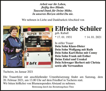 Traueranzeige von Elfriede Schüler (geb. Kuball)  von Magdeburger Volksstimme
