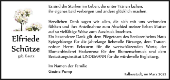 Traueranzeige von Elfriede Schütze (geb. Bautz)  von Magdeburger Volksstimme