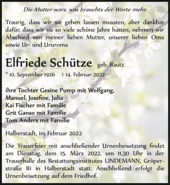 Traueranzeige von Elfriede Schütze (geb. Bautz)  von Magdeburger Volksstimme