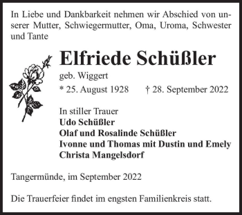 Traueranzeige von Elfriede Schüßler (geb. Wiggert)  von Magdeburger Volksstimme