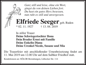 Traueranzeige von Elfriede Seeger (geb. Ruden)  von Magdeburger Volksstimme