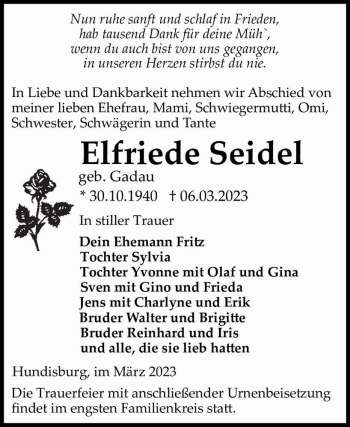 Traueranzeige von Elfriede Seidel von Magdeburger Volksstimme