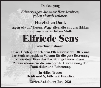Traueranzeige von Elfriede Sens  von Magdeburger Volksstimme