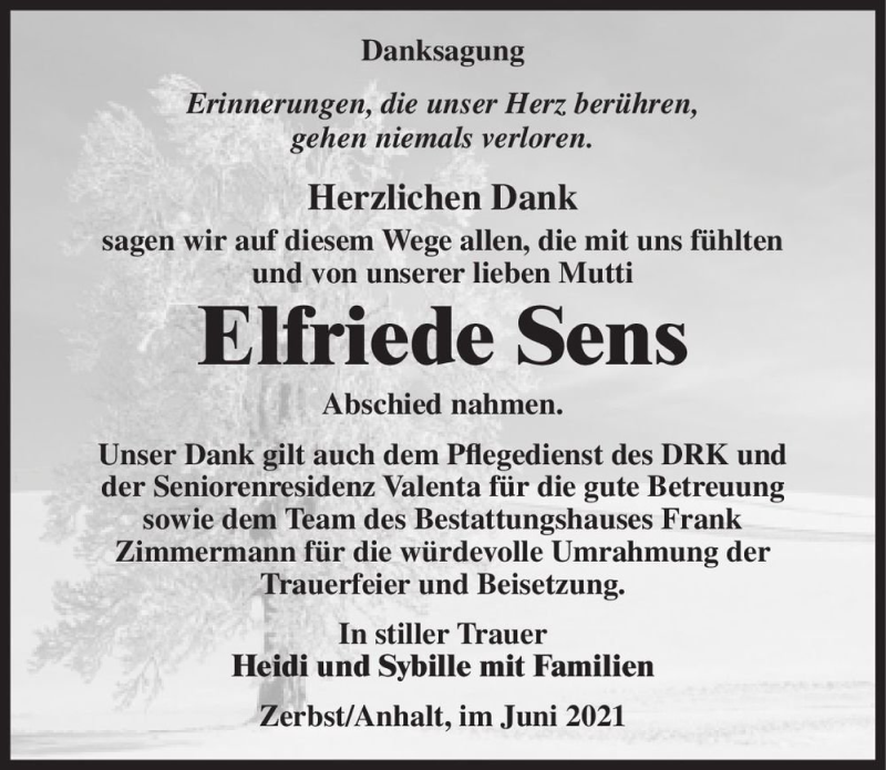  Traueranzeige für Elfriede Sens  vom 19.06.2021 aus Magdeburger Volksstimme