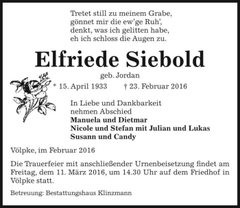 Traueranzeige von Elfriede Siebold (geb. Jordan)  von Magdeburger Volksstimme