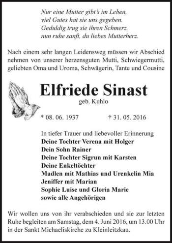 Traueranzeige von Elfriede Sinast (geb. Kuhlo)  von Magdeburger Volksstimme