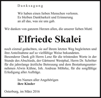 Traueranzeige von Elfriede Skalei  von Magdeburger Volksstimme