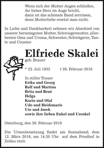 Traueranzeige von Elfriede Skalei (geb. Brauer)  von Magdeburger Volksstimme