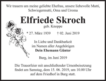 Traueranzeige von Elfriede Skroch (geb. Knoppe)  von Magdeburger Volksstimme