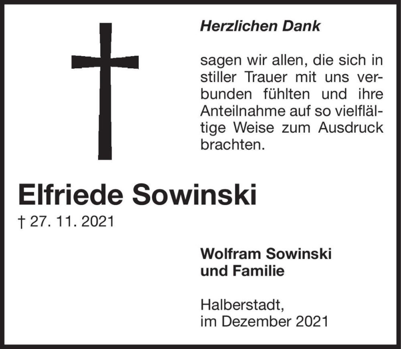  Traueranzeige für Elfriede Sowinski  vom 28.12.2021 aus Magdeburger Volksstimme