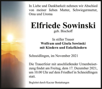 Traueranzeige von Elfriede Sowinski (geb. Bischoff)  von Magdeburger Volksstimme
