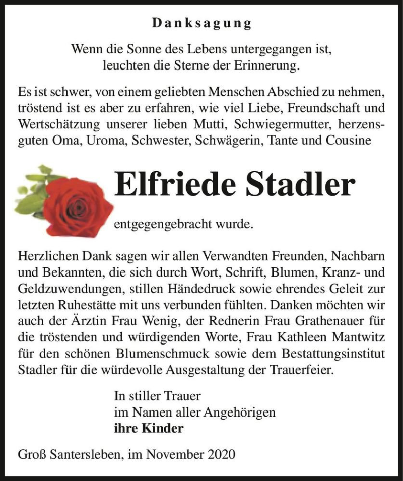  Traueranzeige für Elfriede Stadler  vom 21.11.2020 aus Magdeburger Volksstimme