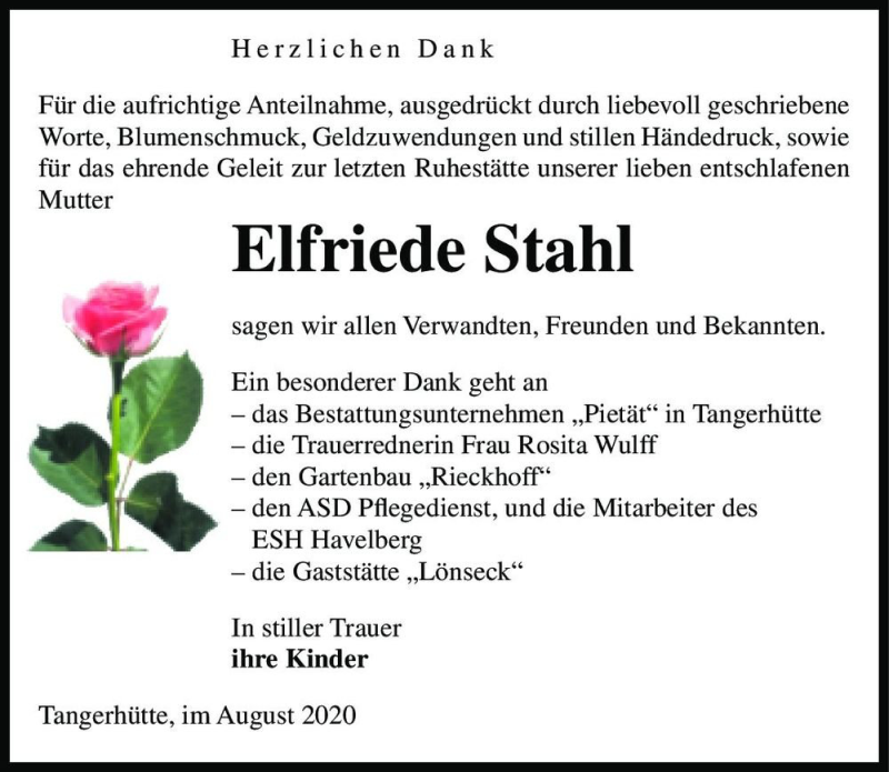  Traueranzeige für Elfriede Stahl  vom 08.08.2020 aus Magdeburger Volksstimme