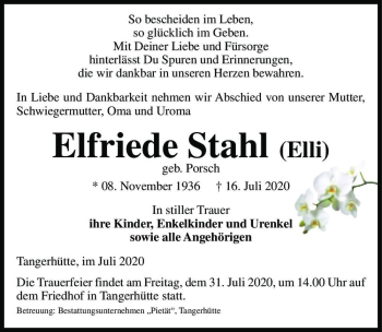 Traueranzeige von Elfriede Stahl (geb. Porsch)  von Magdeburger Volksstimme