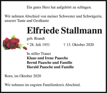 Traueranzeige von Elfriede Stallmann (geb. Brandt)  von Magdeburger Volksstimme