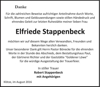 Traueranzeige von Elfriede Stappenbeck  von Magdeburger Volksstimme