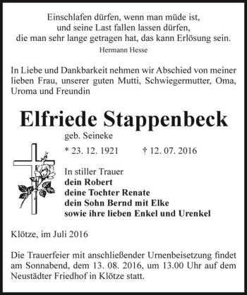 Traueranzeige von Elfriede Stappenbeck (geb. Seineke)  von Magdeburger Volksstimme