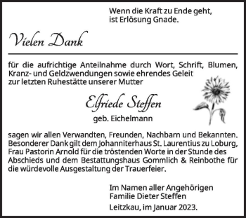 Traueranzeige von Elfriede Steffen (geb. Eichelmann)  von Magdeburger Volksstimme