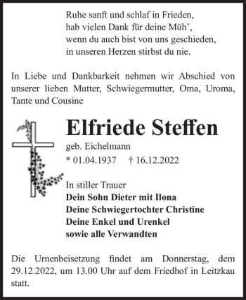 Traueranzeige von Elfriede Steffen (geb. Eichelmann)  von Magdeburger Volksstimme