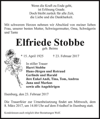 Traueranzeige von Elfriede Stobbe (geb. Beims)  von Magdeburger Volksstimme