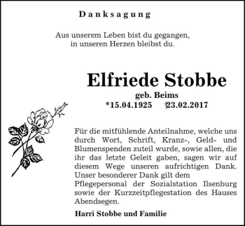 Traueranzeige von Elfriede Stobbe (geb. Beims)  von Magdeburger Volksstimme