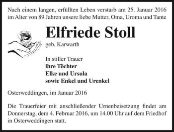Traueranzeige von Elfriede Stoll (geb. Karwarth)  von Magdeburger Volksstimme