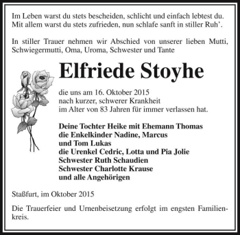 Traueranzeige von Elfriede Stoyhe  von Magdeburger Volksstimme