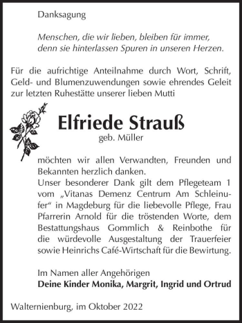 Traueranzeige von Elfriede Strauß (geb. Müller)  von Magdeburger Volksstimme
