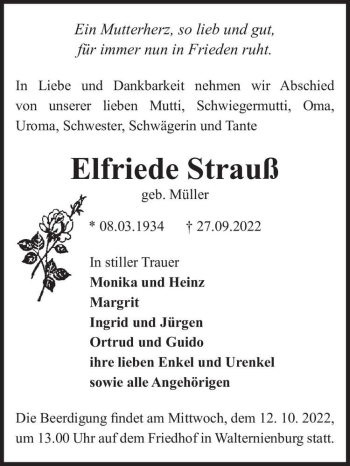 Traueranzeige von Elfriede Strauß (geb. Müller)  von Magdeburger Volksstimme