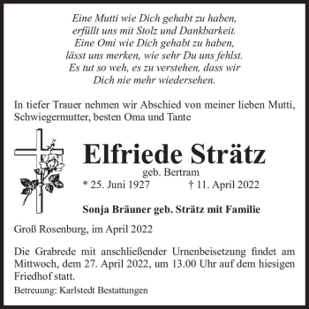 Traueranzeige von Elfriede Strätz (geb. Bertram)  von Magdeburger Volksstimme