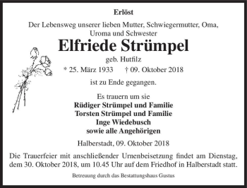 Traueranzeige von Elfriede Strümpel (geb. Hutfilz)  von Magdeburger Volksstimme