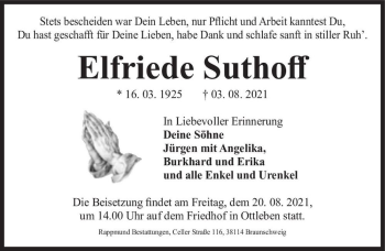 Traueranzeige von Elfriede Suthoff  von Magdeburger Volksstimme